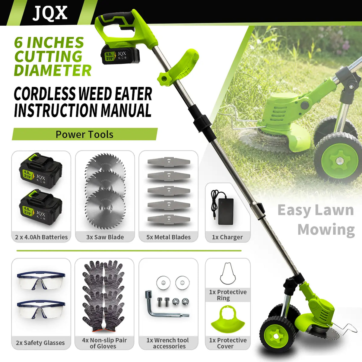 JQX 21V Cordless Weed Wacker with Wheels - 3-In-1 Electric String Trimmer, Edger & Lightweight Lawn Care Tool, Adjustable Handle, Tools and Gadgets for Garden Maintenance