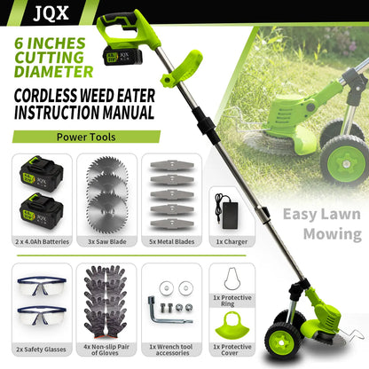 JQX 21V Cordless Weed Wacker with Wheels - 3-In-1 Electric String Trimmer, Edger & Lightweight Lawn Care Tool, Adjustable Handle, Tools and Gadgets for Garden Maintenance