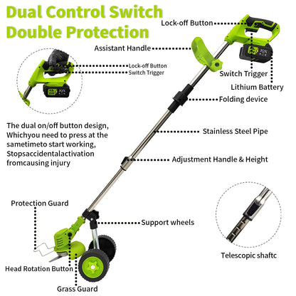 JQX 21V Cordless Weed Wacker with Wheels - 3-In-1 Electric String Trimmer, Edger & Lightweight Lawn Care Tool, Adjustable Handle, Tools and Gadgets for Garden Maintenance