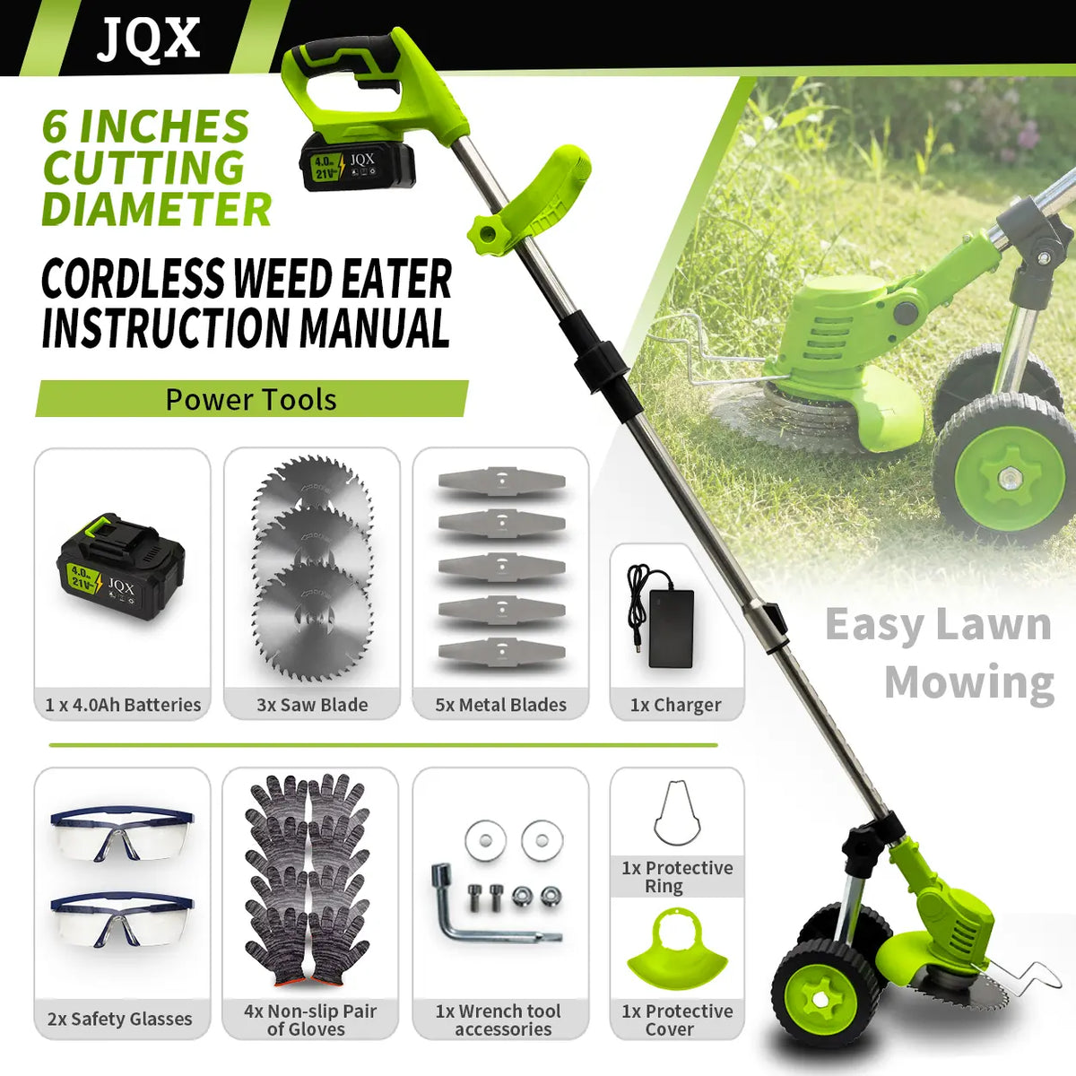 JQX 21V Cordless Weed Wacker with Wheels - 3-In-1 Electric String Trimmer, Edger & Lightweight Lawn Care Tool, Adjustable Handle, Tools and Gadgets for Garden Maintenance