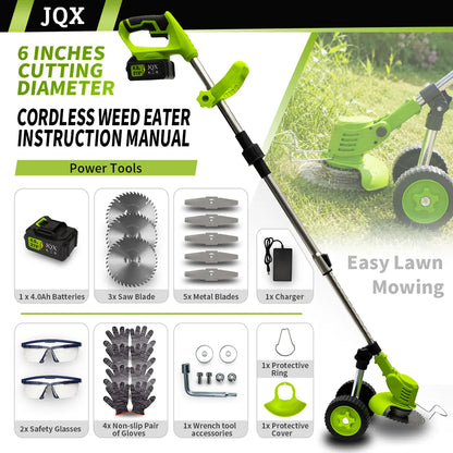 JQX 21V Cordless Weed Wacker with Wheels - 3-In-1 Electric String Trimmer, Edger & Lightweight Lawn Care Tool, Adjustable Handle, Tools and Gadgets for Garden Maintenance