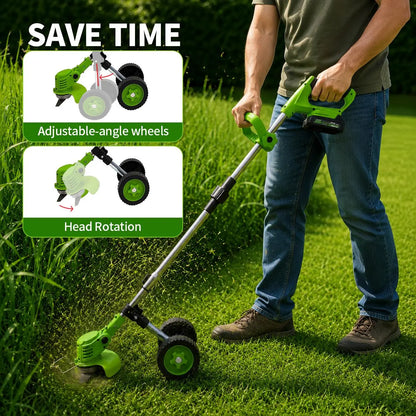 JQX 21V Cordless Weed Wacker with Wheels - 3-In-1 Electric String Trimmer, Edger & Lightweight Lawn Care Tool, Adjustable Handle, Tools and Gadgets for Garden Maintenance